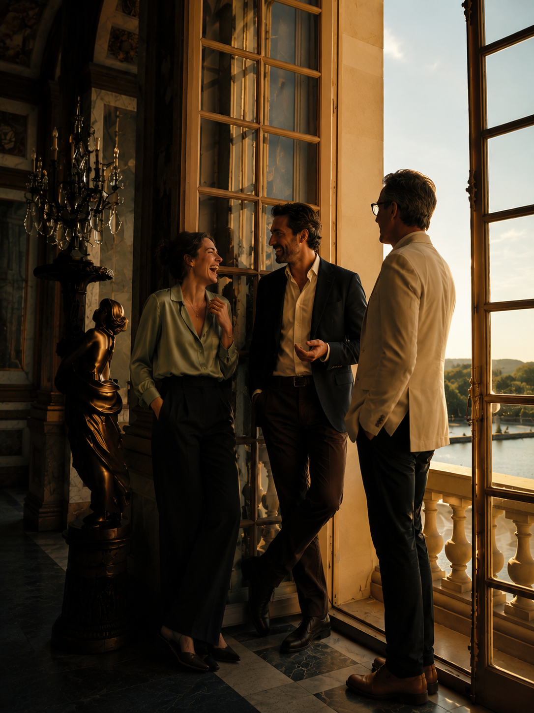 Four people laughing and talking in a grand, well-lit room with large open windows and a view of water and trees outside.