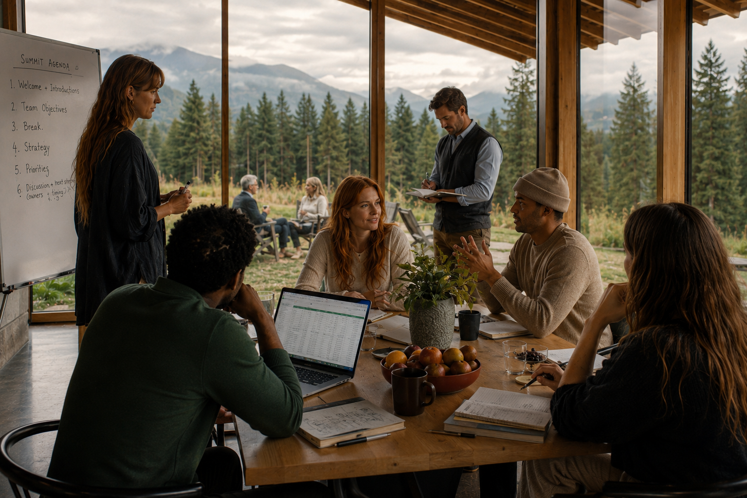 Group of people in a meeting room with large windows showing a forest and mountains, some sitting at a table with laptops, notebooks, and fruits, others outside on a porch.