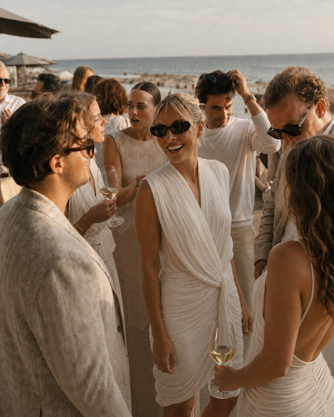 People socializing at a beachside event, some holding glasses of white wine, with the ocean and umbrellas in the background.