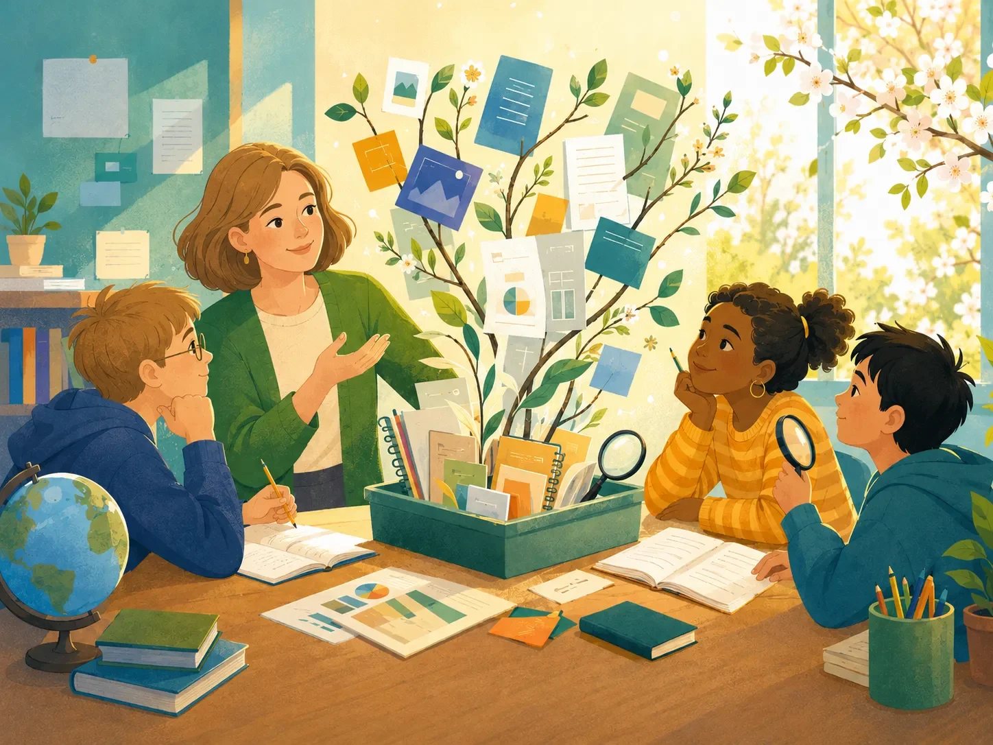 A group of four students and a teacher in a classroom, discussing a tree with papers and images stopped on its branches, symbols of knowledge and ideas. The students are engaged and attentive, with books, notebooks, pencils, and a globe on the table, and sunlight coming through the window illuminating the scene.