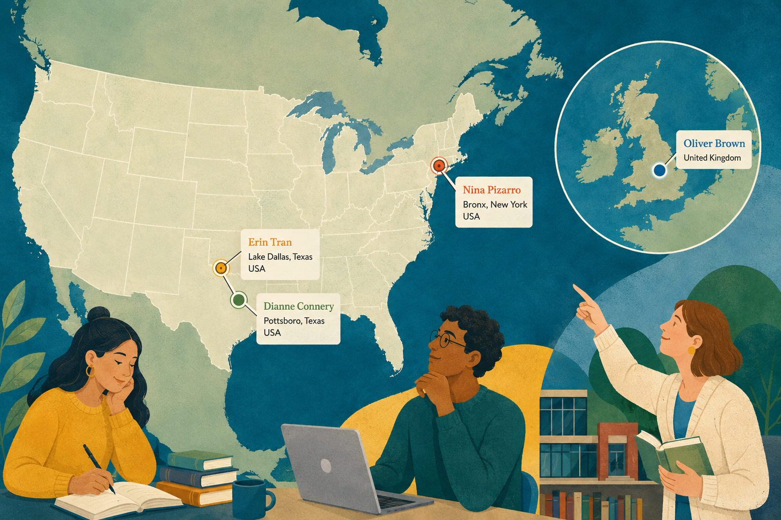 Map of the United States with three people studying in front of it, connected to a zoomed-in map of the United Kingdom showing Oliver Brown, with labels pointing to locations of Nina Pizarro in Bronx, New York, Erin Tran in Lake Dallas, Texas, and Dianne Connery in Pottsboro, Texas.