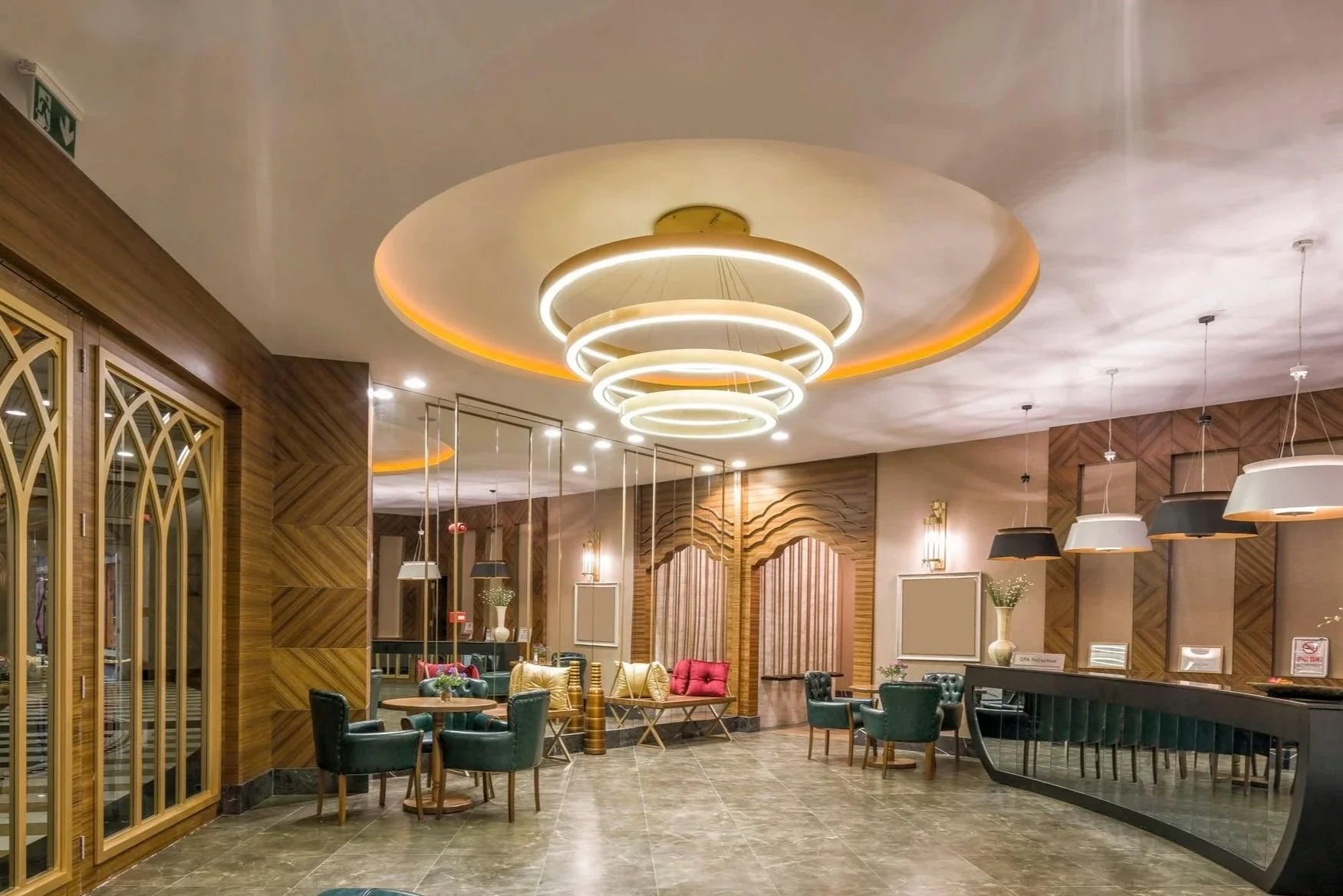 Custom wood light fixture suspended over a dining space
