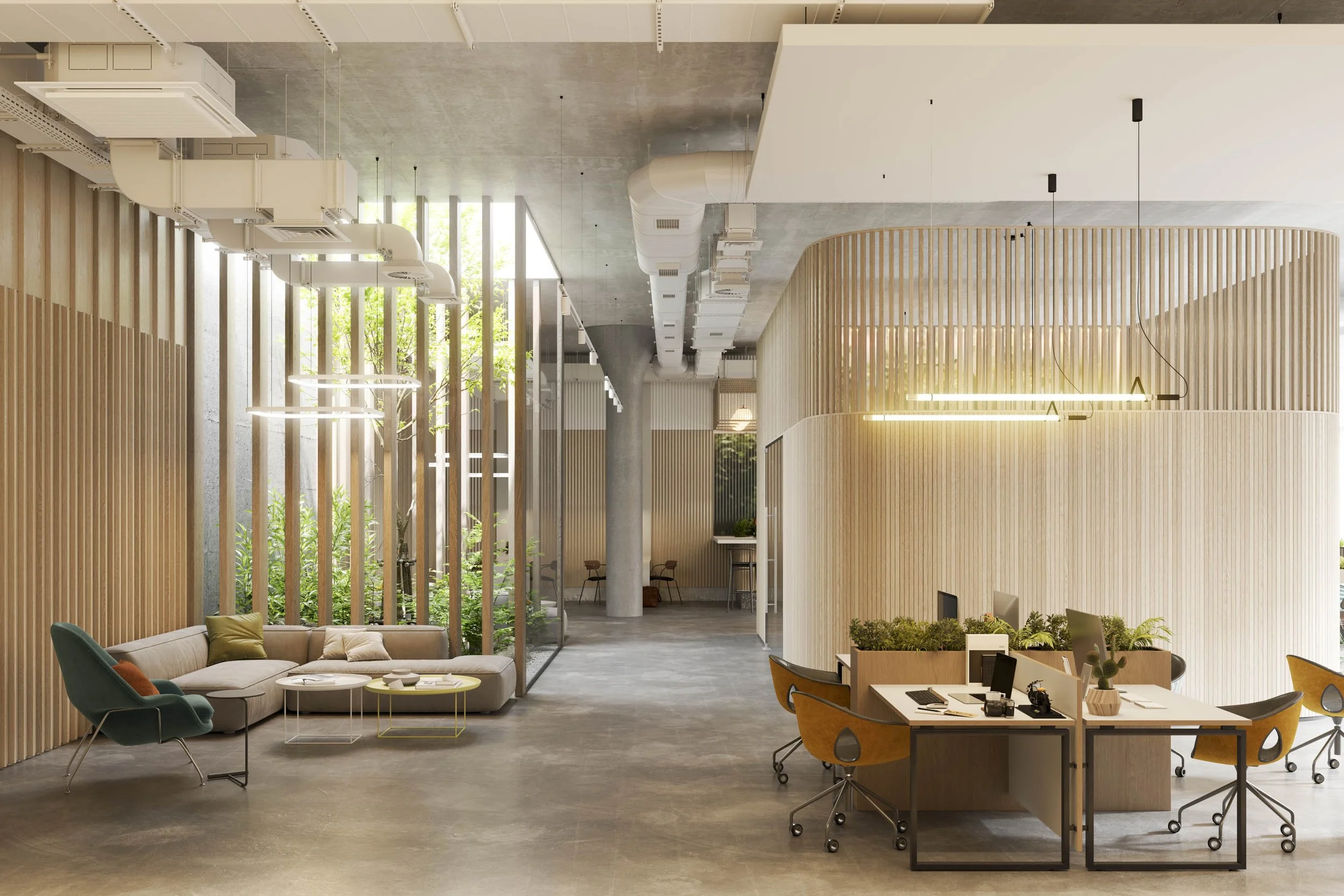 Sculptural wood focal piece anchoring a hospitality space