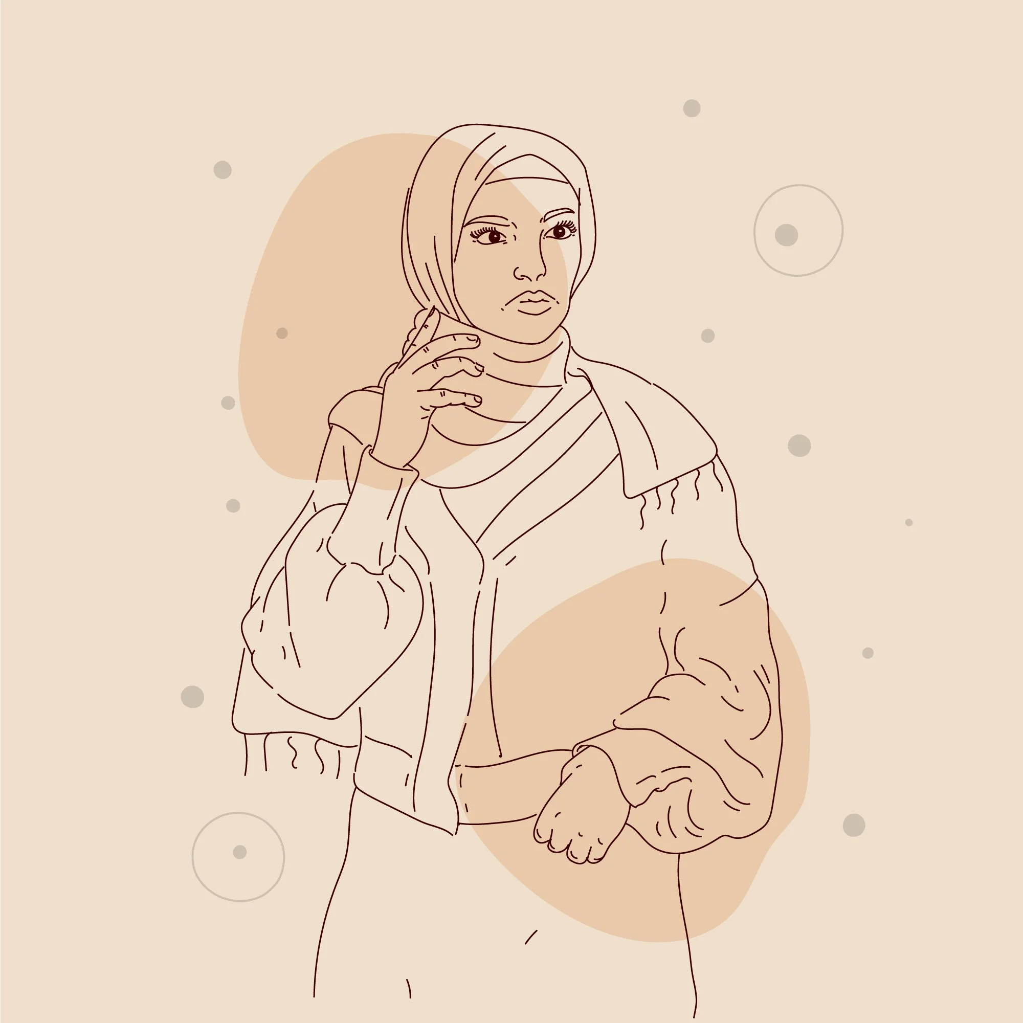 Dessin numérique simple d'une femme portant un hijab, avec un fond beige avec des formes circulaires.