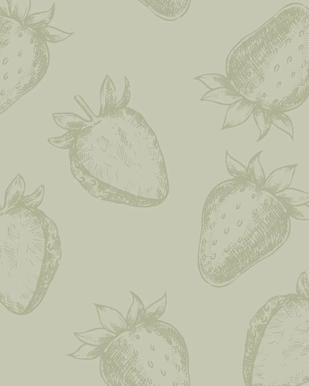 Pattern of hand-drawn strawberries and strawberries on a light green background.
