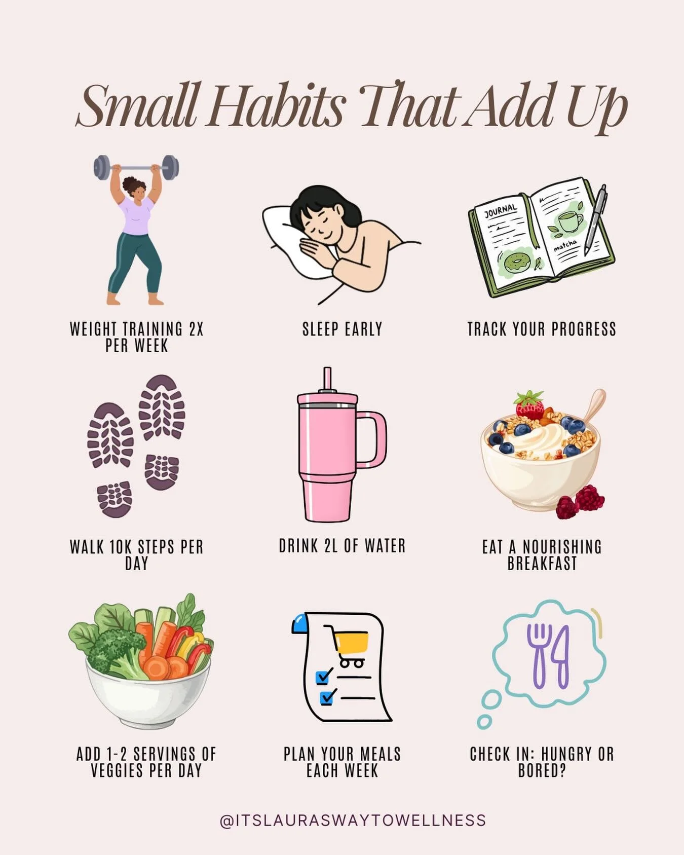 Small habits, big impact 🤍
It&rsquo;s not about doing everything perfectly&mdash;it&rsquo;s about the little things you do consistently.
Drinking your water, getting enough sleep, planning ahead, adding more veggies&hellip; it all adds up over time.
