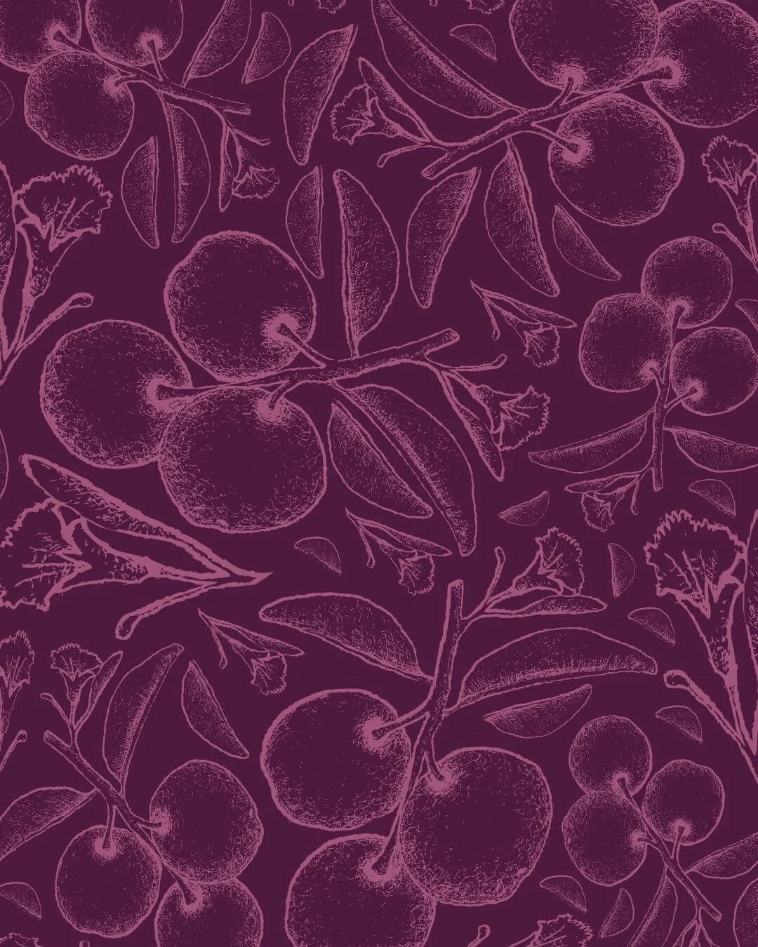 Pattern of cherries with leaves and small flowers on a dark purple background.