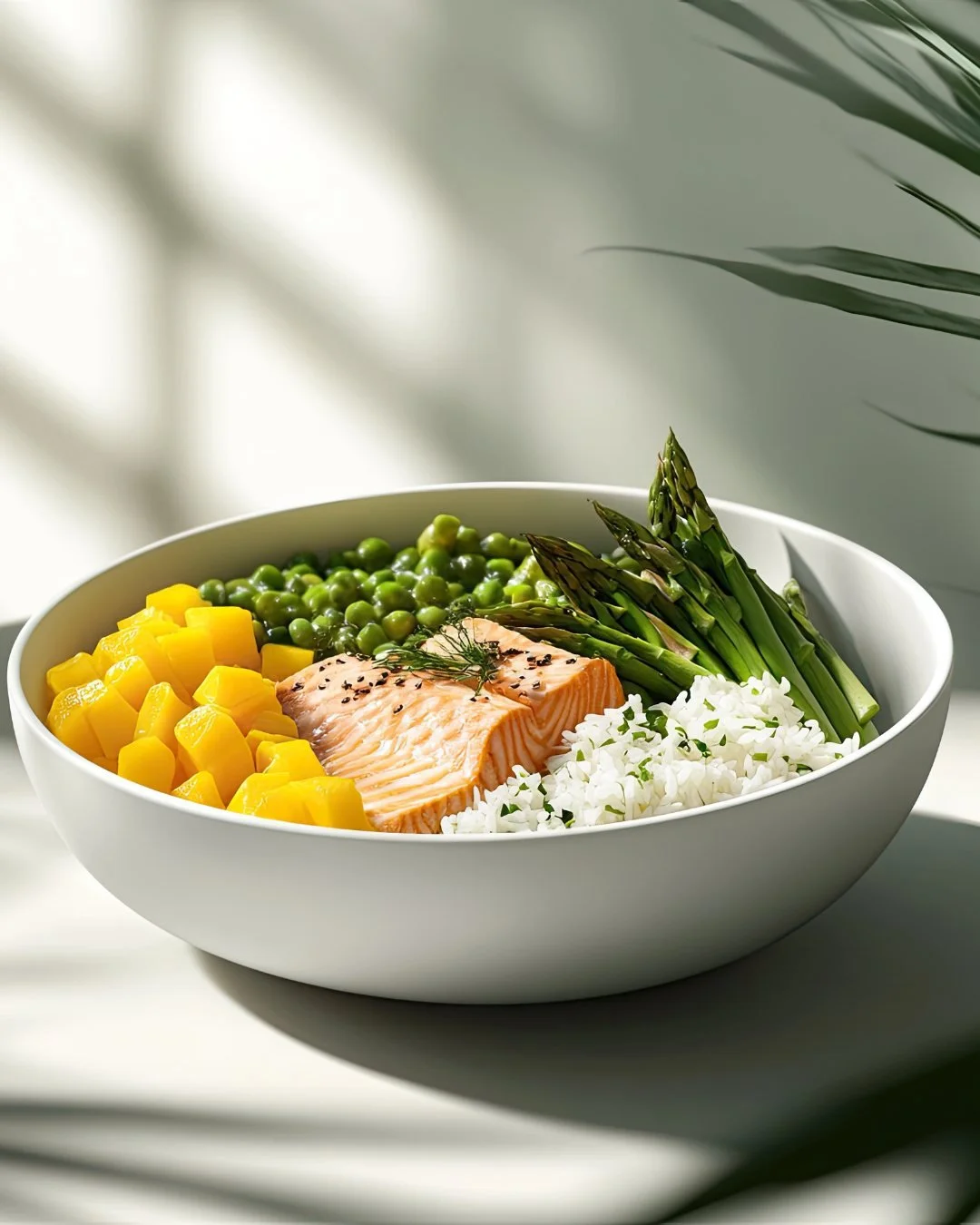 Nutritional meal featuring grilled salmon, jasmine rice, asparagus, peas, pineapple