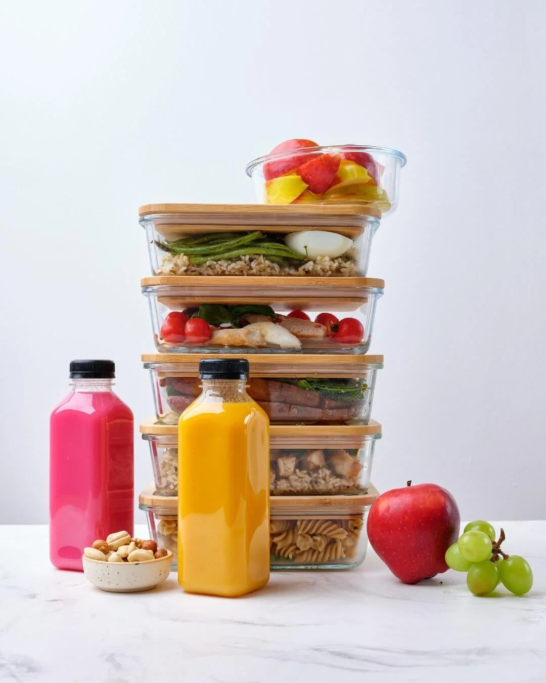 Stacked glass meal prep containers with fresh salads, surrounded by bottles of pink and yellow dressings, and apple and grapes on a white surface.