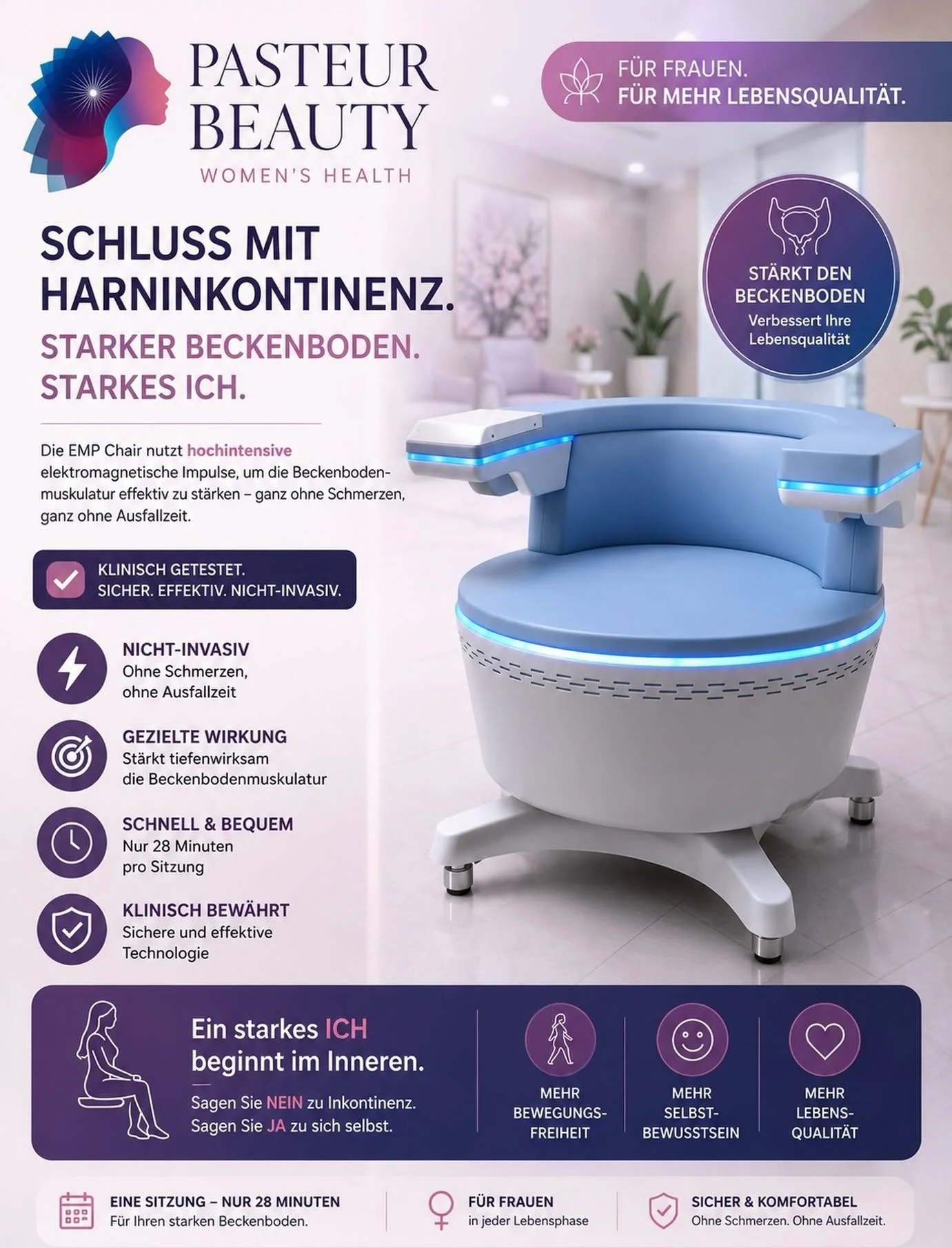 Schluss mit Harninkontinenz &ndash; entdecken Sie die innovative EMP Chair Behandlung bei Pasteur Beauty ✨

St&auml;rken Sie Ihren Beckenboden ganz ohne Schmerzen, Operation oder Ausfallzeit. 
Die EMP Chair Technologie nutzt hochintensive elektromagn