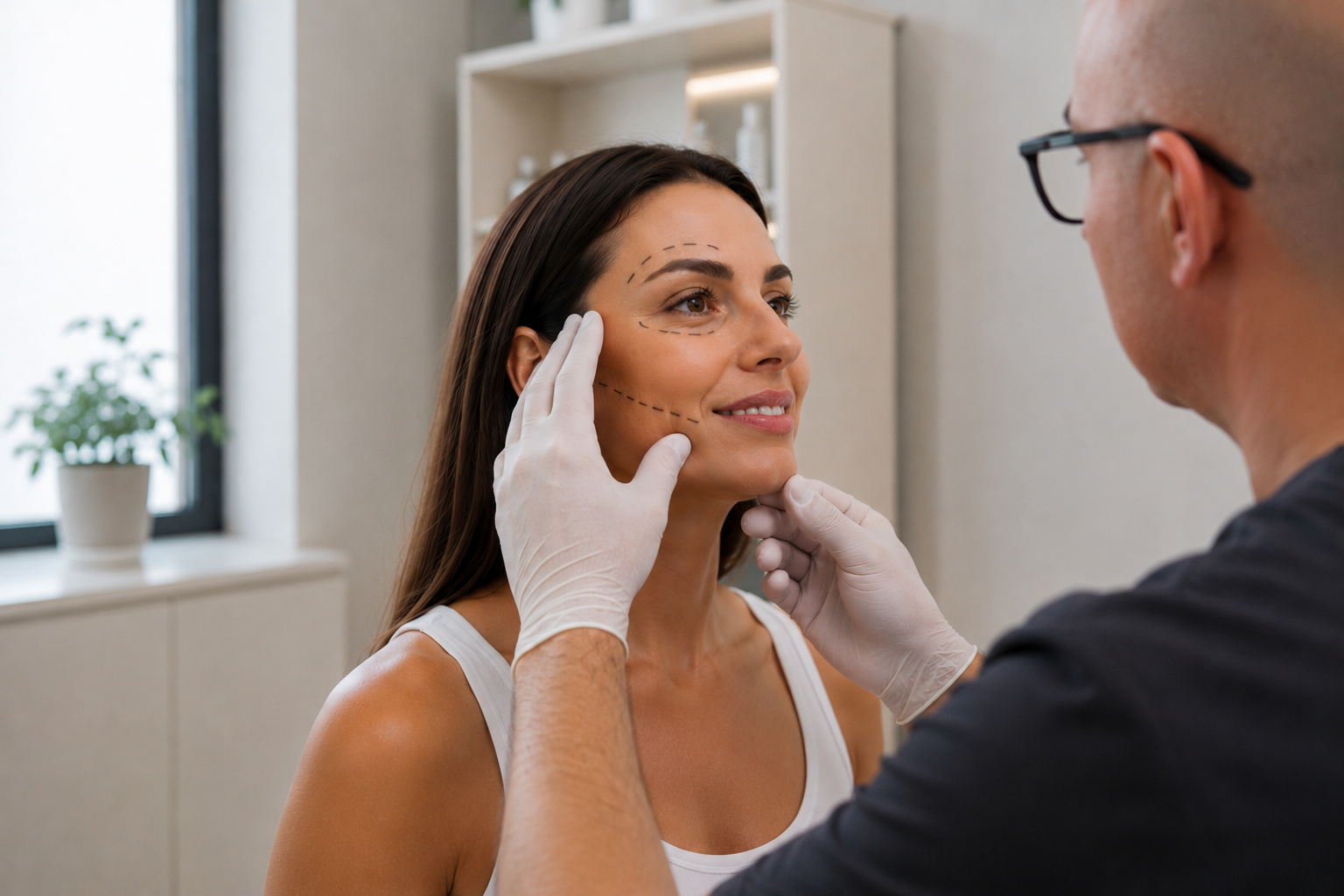 A woman with marked facial areas preparing for cosmetic surgery or procedure, while a medical professional in gloves examines her face.
