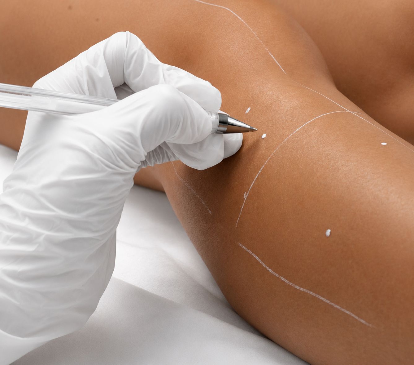 A person receiving a cosmetic or medical procedure on their thigh, marked with white lines, with a gloved hand holding a syringe.