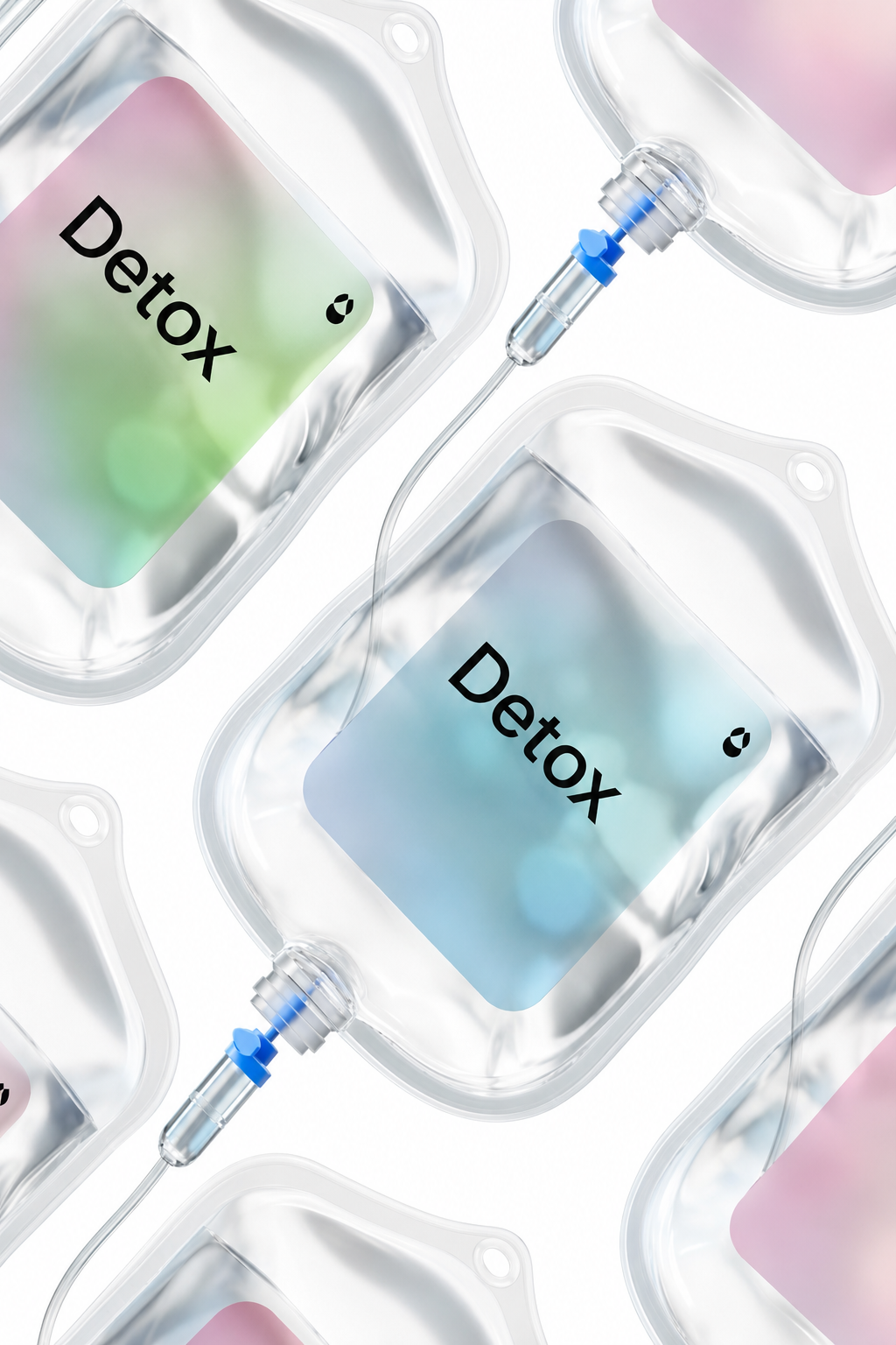 Multiple test tubes labeled 'Detox' with colorful liquids, connected to syringes, in clear plastic trays.