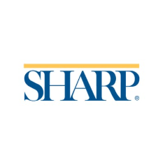 Sharp logo with blue text and an orange line above