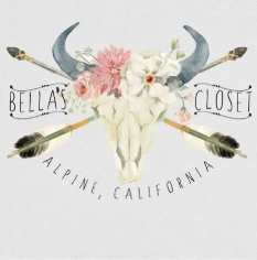 A graphic with a cow skull decorated with pink and white flowers and two arrows crossing behind it, and the text 'Bella's Closet Alpine, California'.