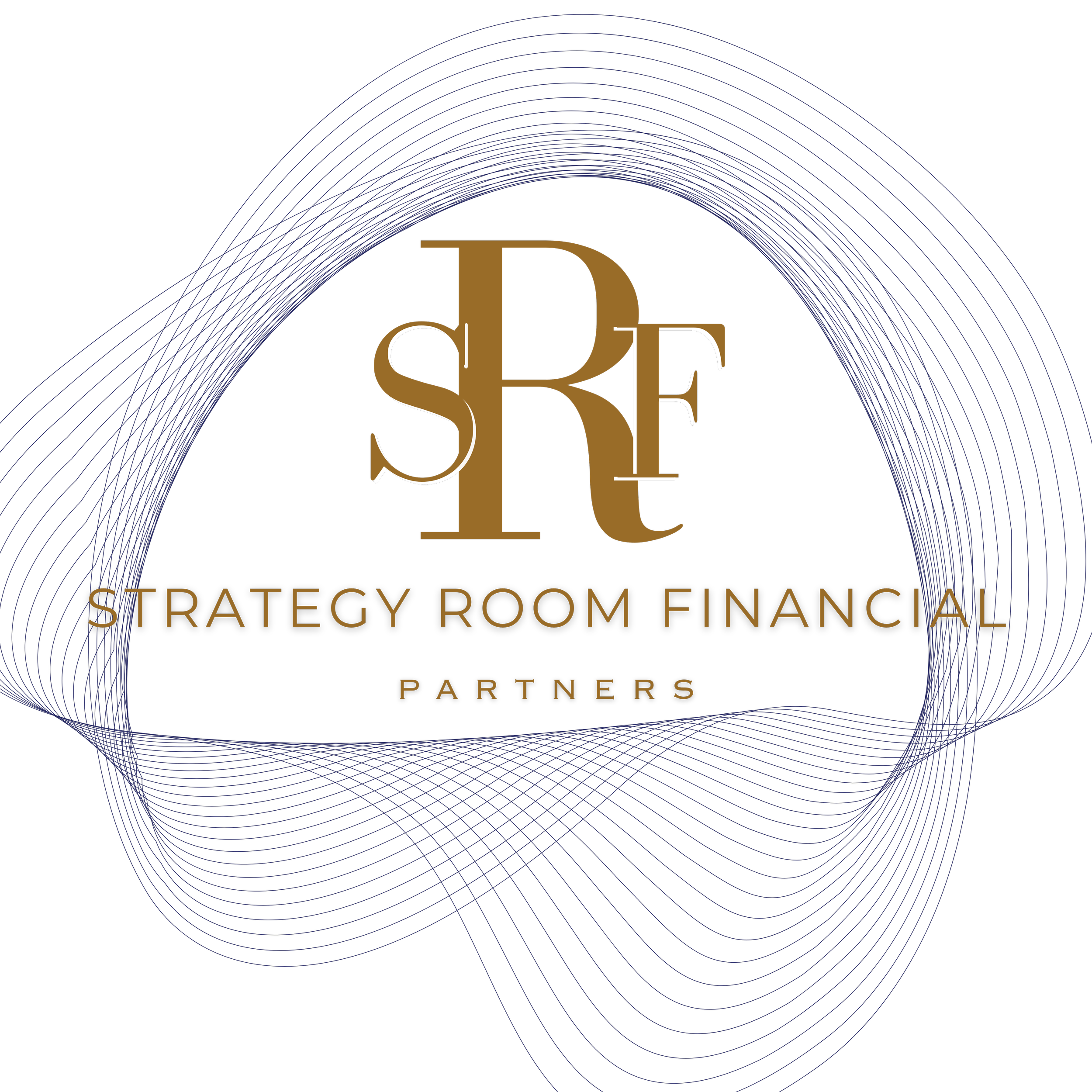 Black background with gold and white text that reads 'Strategy Room Financial Partners' and a pattern of blue curved lines.