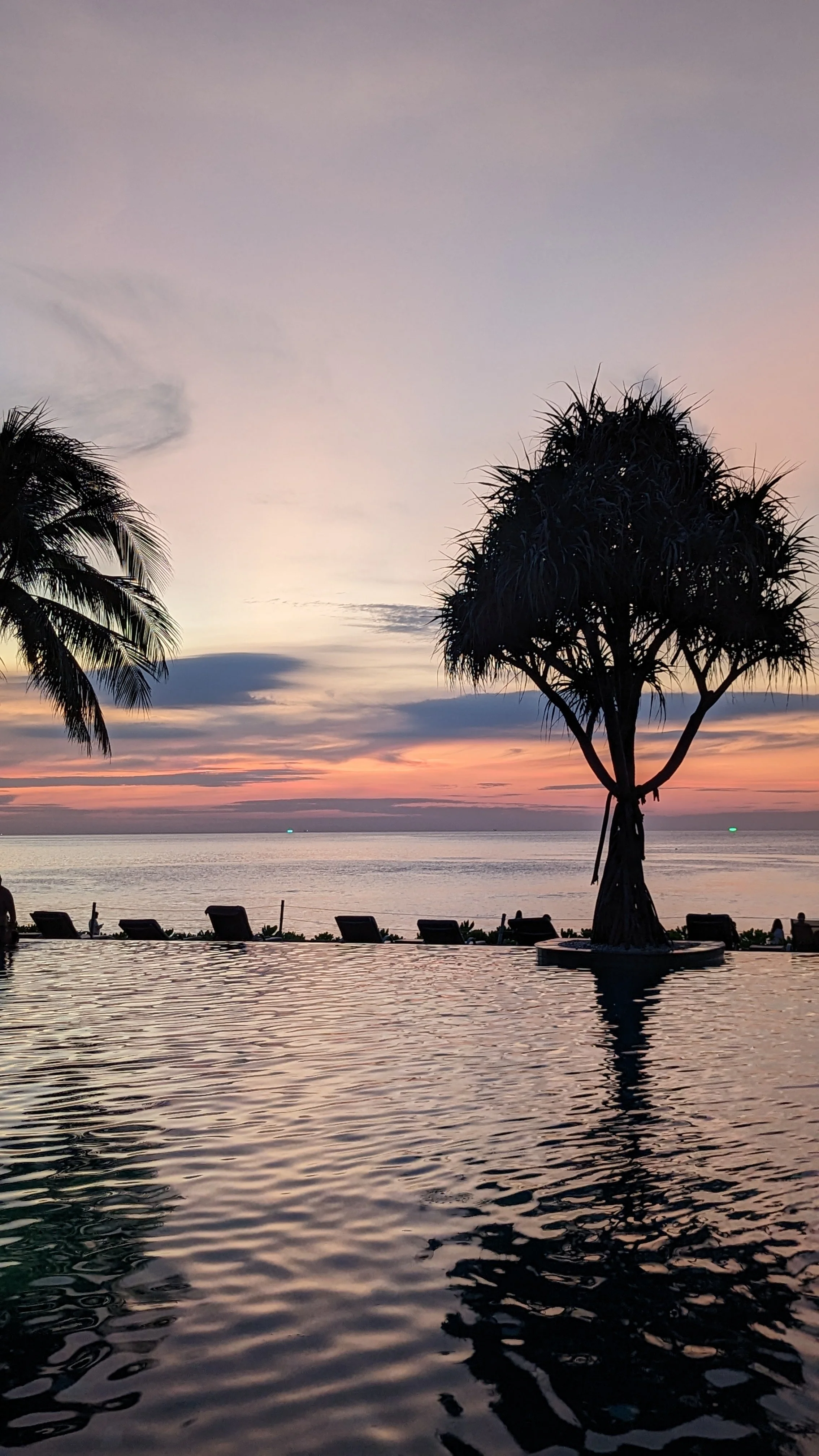 Sunset over the ocean with a palm tree on the right and lounge chairs along the beach in the foreground.