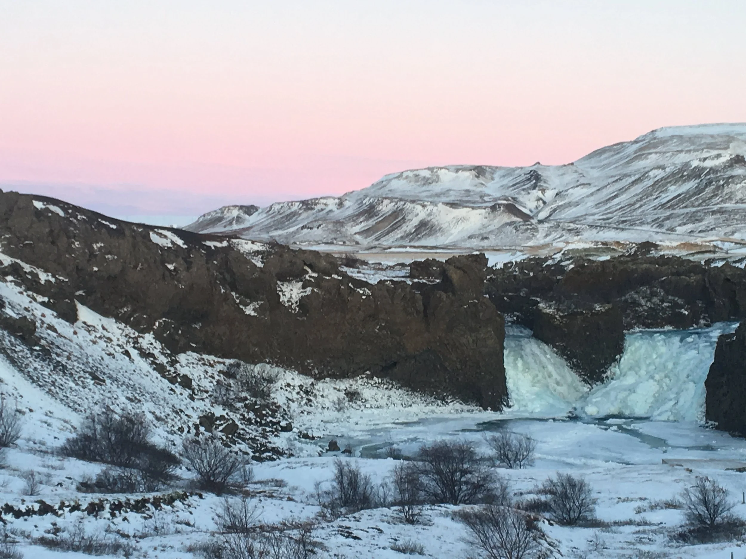 Snow-covered mountains under a pink and purple sky, with dark rocky foreground and sparse bushes.