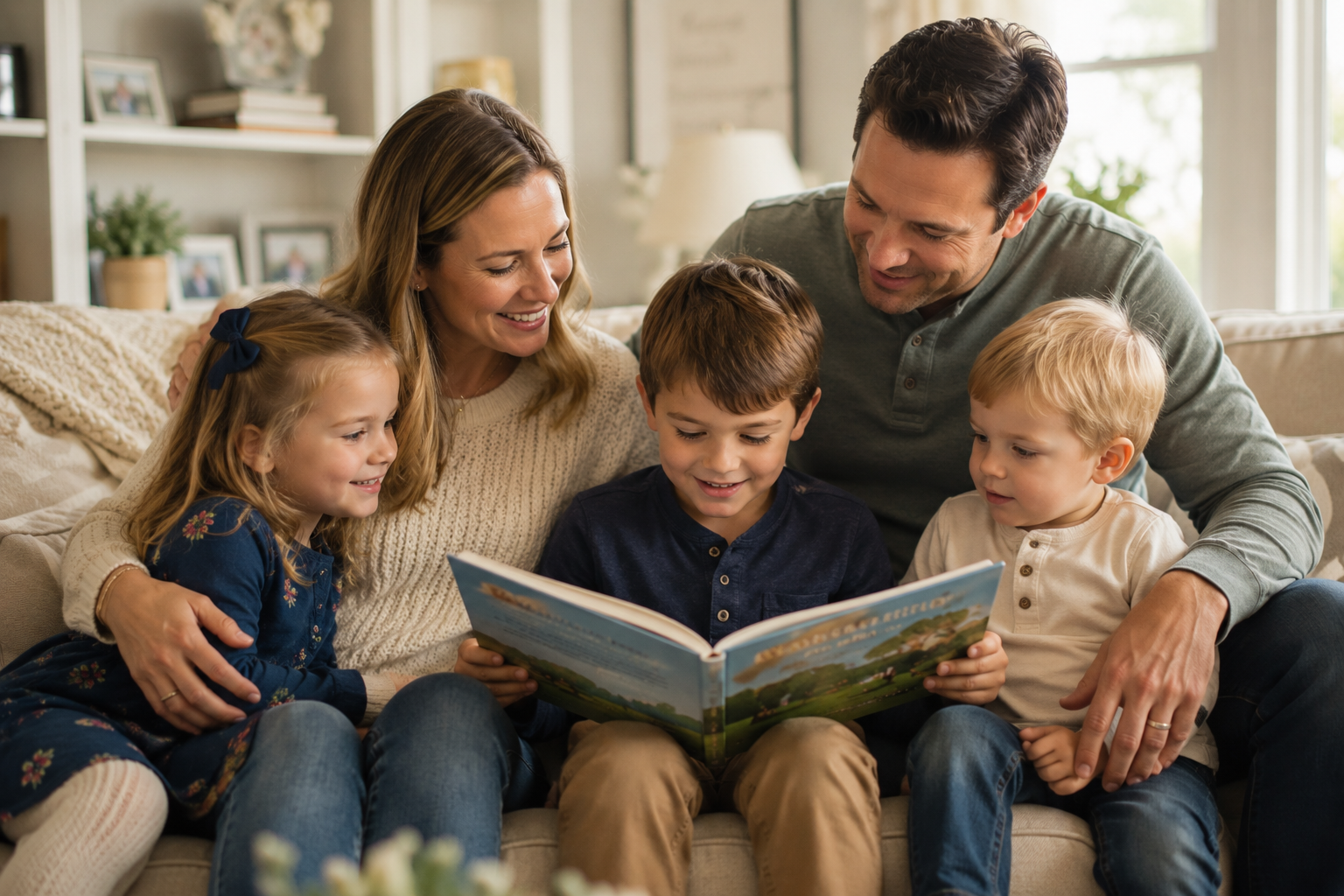 A family of five sitting on a couch, reading a children's book together and smiling, with a cozy living room background.