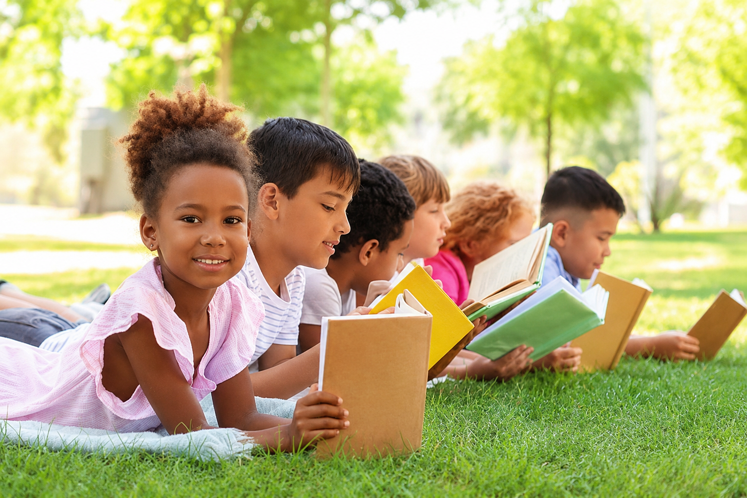 A group of children lying on the grass in a park, reading books, with trees and sunlight in the background.