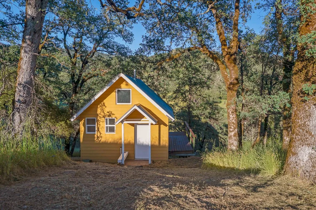 Small yellow house with white trim and a gabled roof, surrounded by tall trees and grass.
