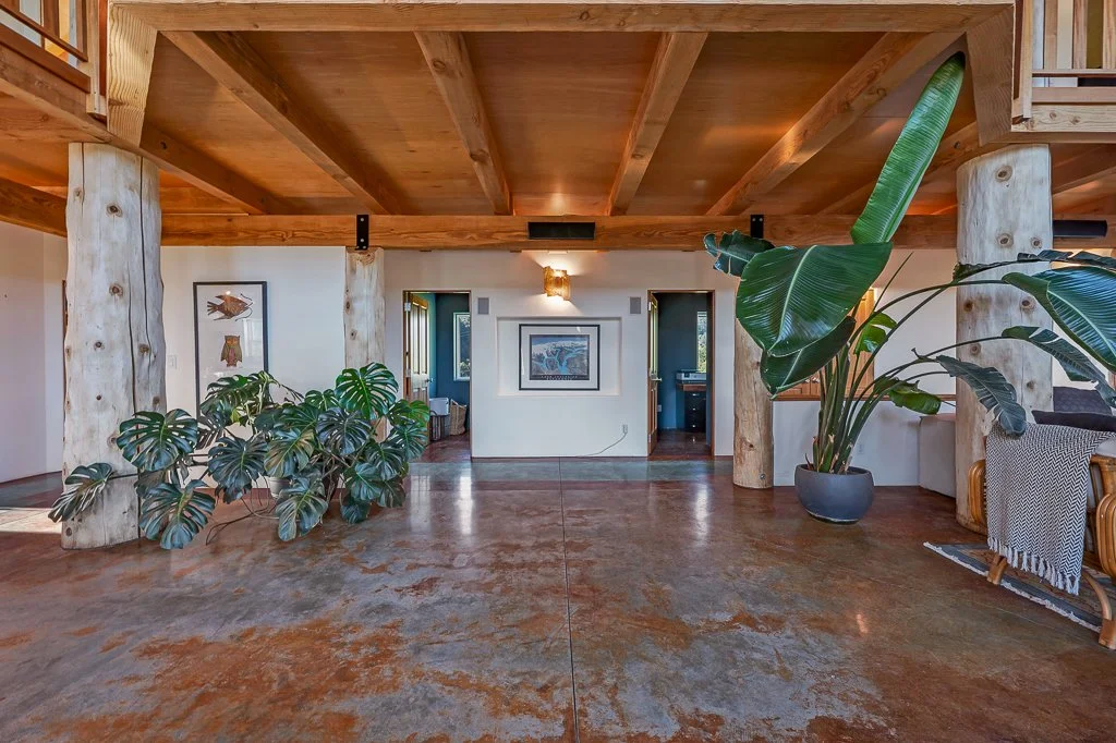 Spacious interior with wooden ceiling and support columns, decorated with potted tropical plants, framed artwork, and a glimpse of neighboring rooms.
