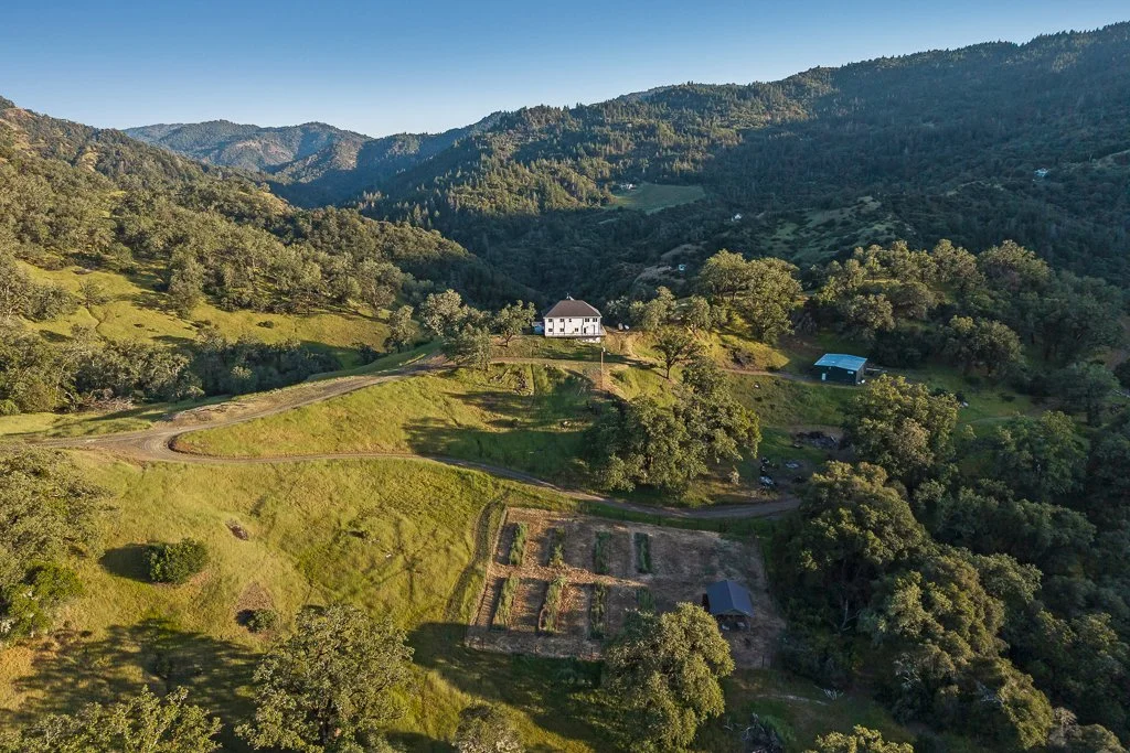 Aerial view of a rural landscape with green hills, trees, a white house, and mountains in the background.
