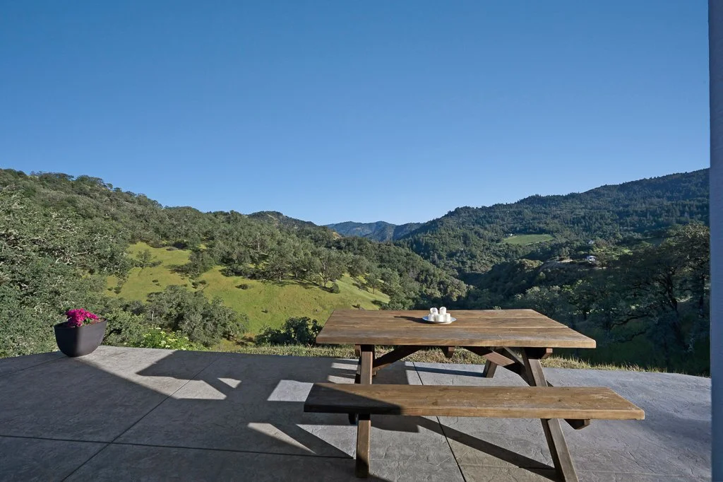 A wooden picnic table with attached benches on a patio, overlooking green rolling hills and mountains under a clear blue sky. A black flowerpot with pink flowers is on the left side of the patio.