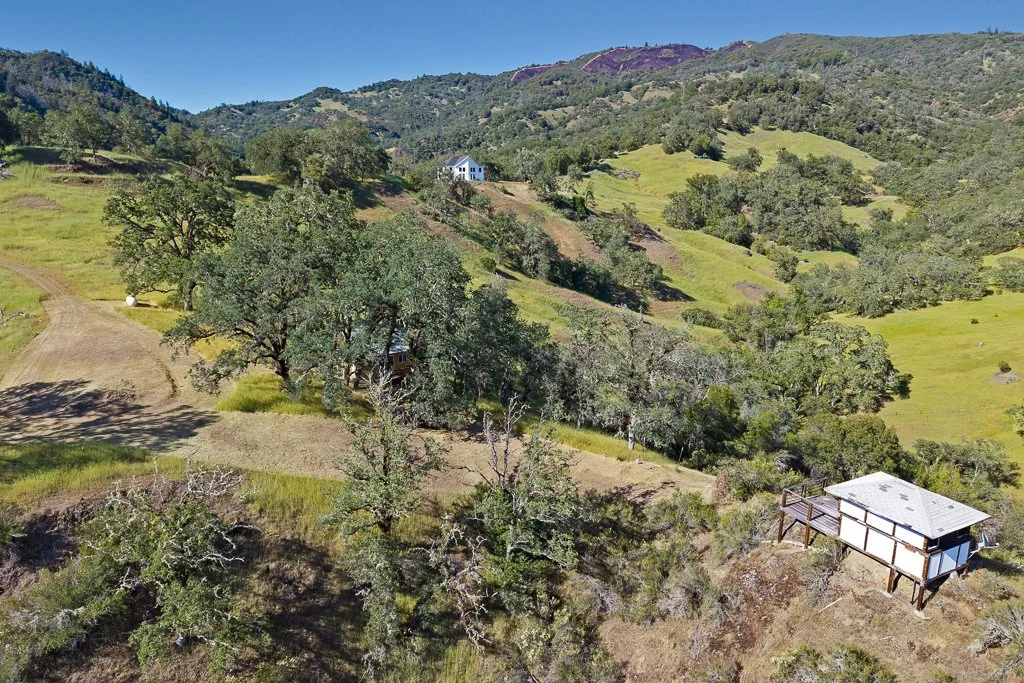 A scenic hillside landscape with green rolling hills, scattered trees, and a small white house in the distance, with a clear blue sky overhead.