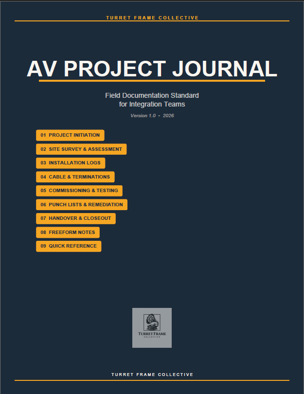 Cover page of the AV Project Journal by Turret Frame Collective, with a dark blue background, orange labels for each project step, and a small logo at the bottom.