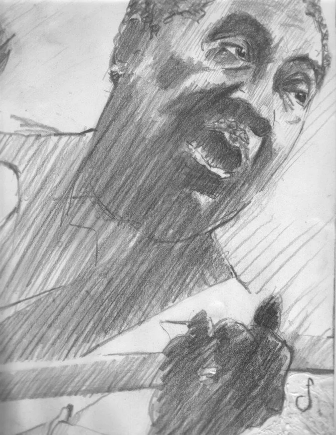 Muddy Waters, Undated
Graphite on paper · 14 × 20 inches
This portrait places Muddy Waters squarely in his Chess Records prime — the era that electrified the blues and quietly rewired popular music forever. Rendered in graphite, the choice of medium 