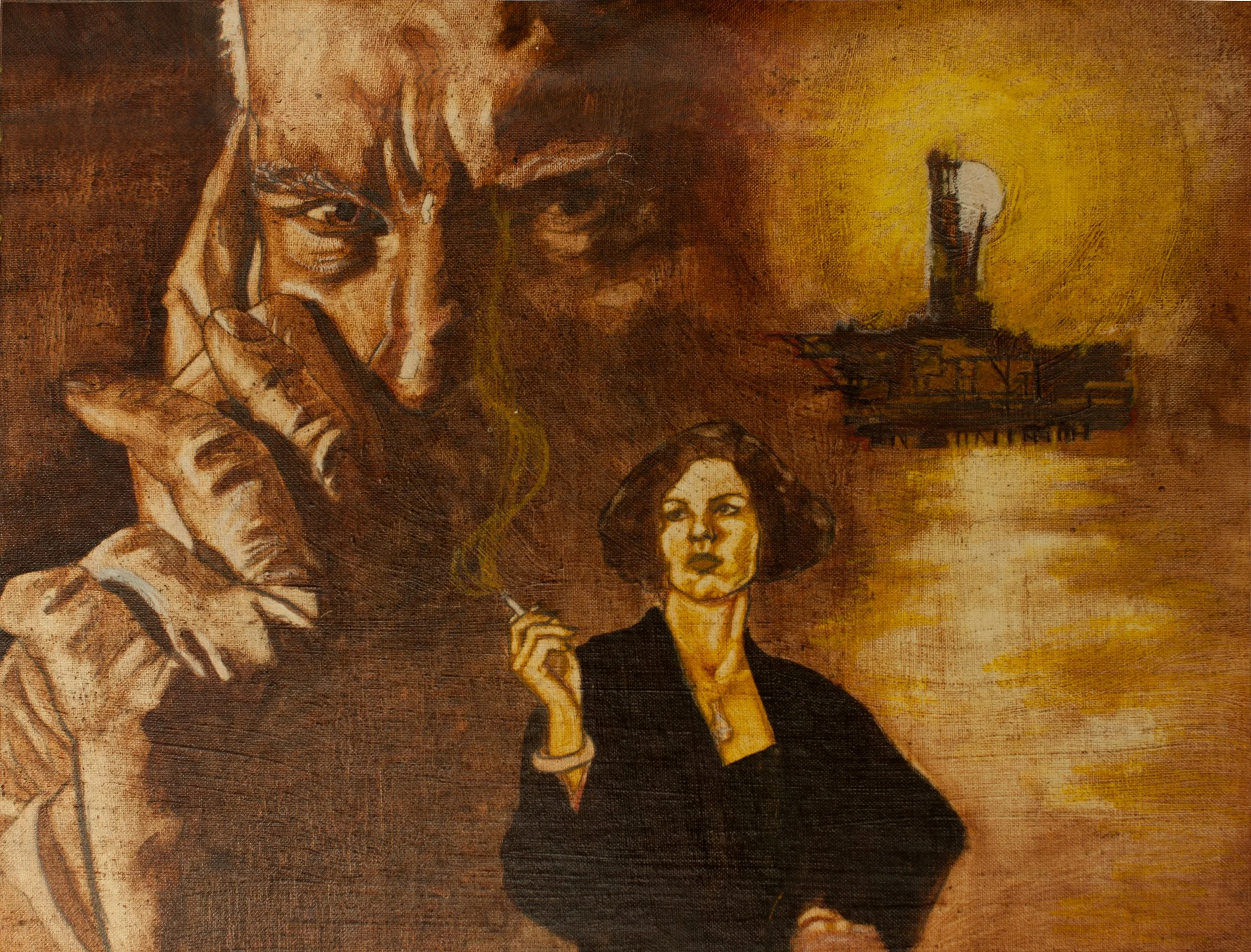 Close-up of a vintage painting featuring a woman with dark hair and prominent eyebrows, wearing a black garment, shown in a serious pose with her right hand near her face. Part of another figure with a bearded face and a cigarette is also visible on 