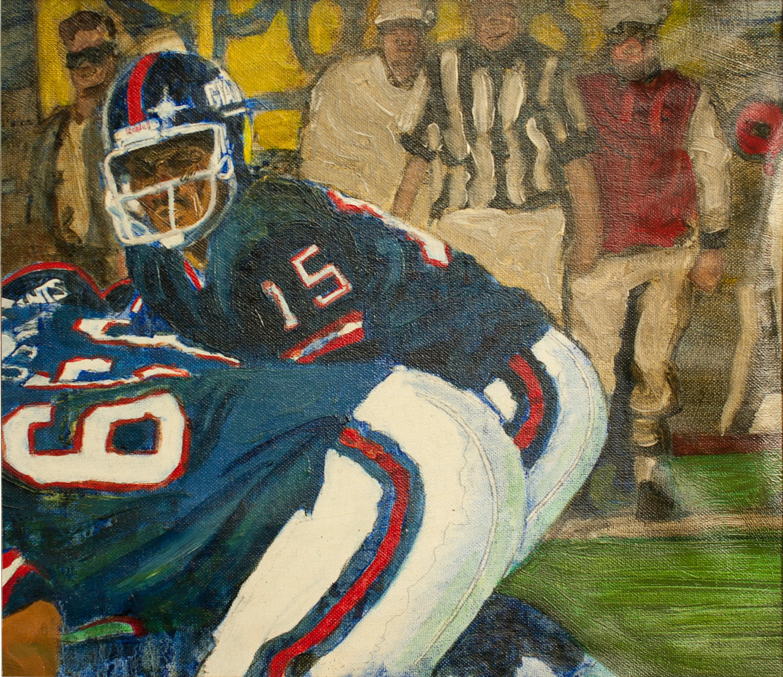 A hand-painted artwork of a NY Giants football player in uniform with the number 15, holding a football, and wearing a helmet with a face guard. The crowd fades out of view with muted colors and an abstract style.