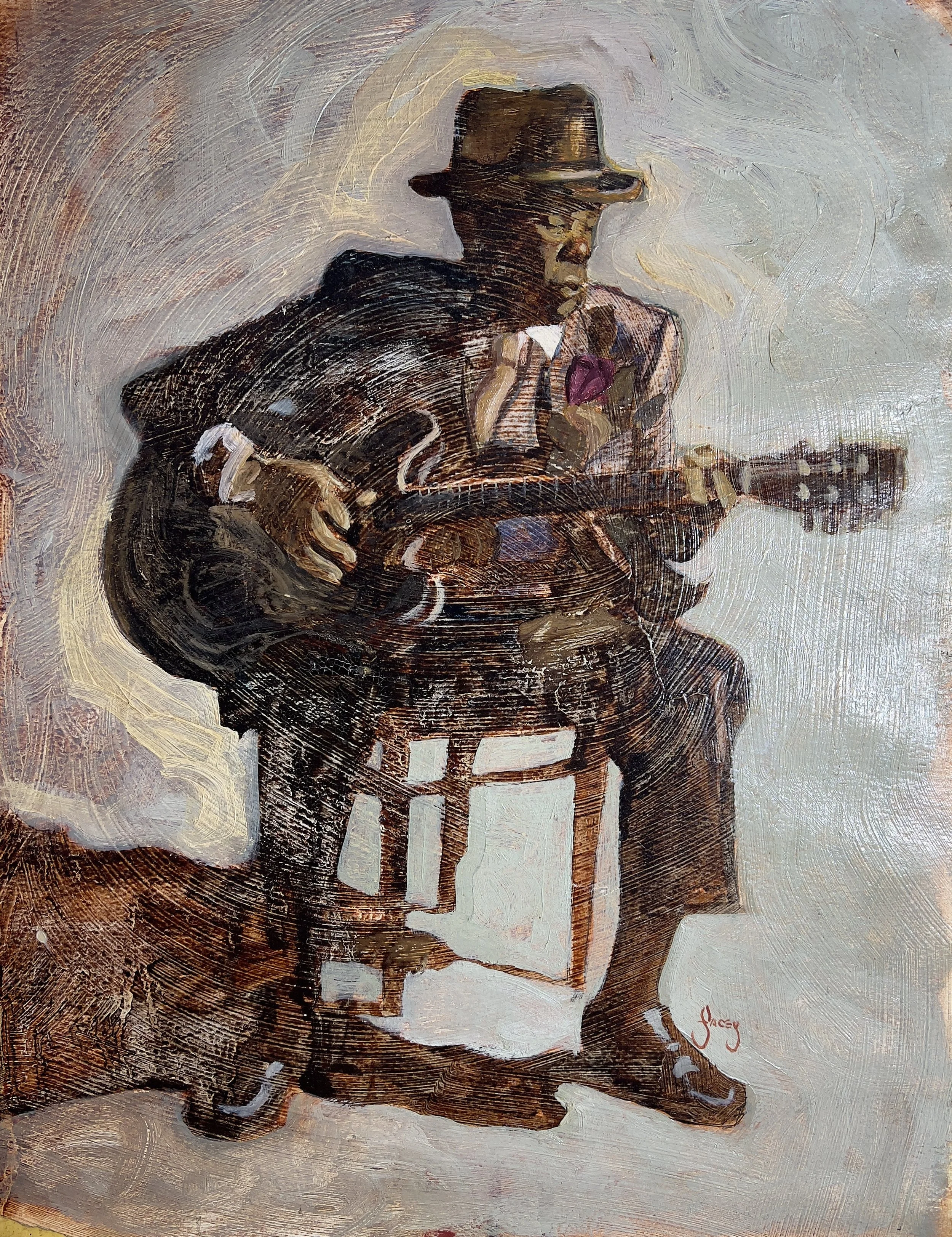 A painting of a person wearing a hat playing a guitar, with visible brushstrokes and an abstract background.