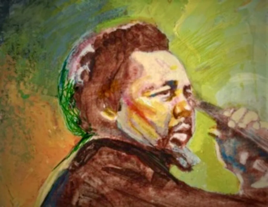 Charles Mingus, Undated
Acrylic on canvas · 8 × 10 inches · Private collection
Commissioned and now held in a private collection, this portrait catches Mingus mid-motion — the jazzman in full flight, inseparable from his bass. Painted in acrylic, the