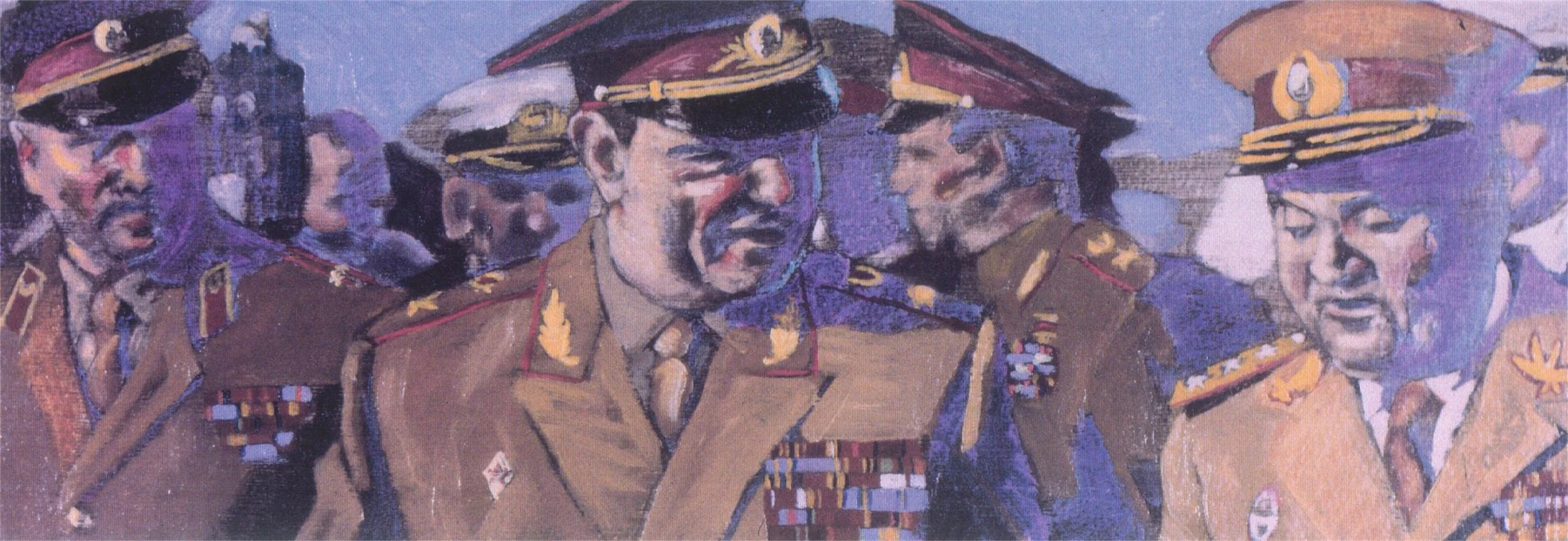 A painting of several military officers in uniform, with some wearing medals, engaged in conversation.