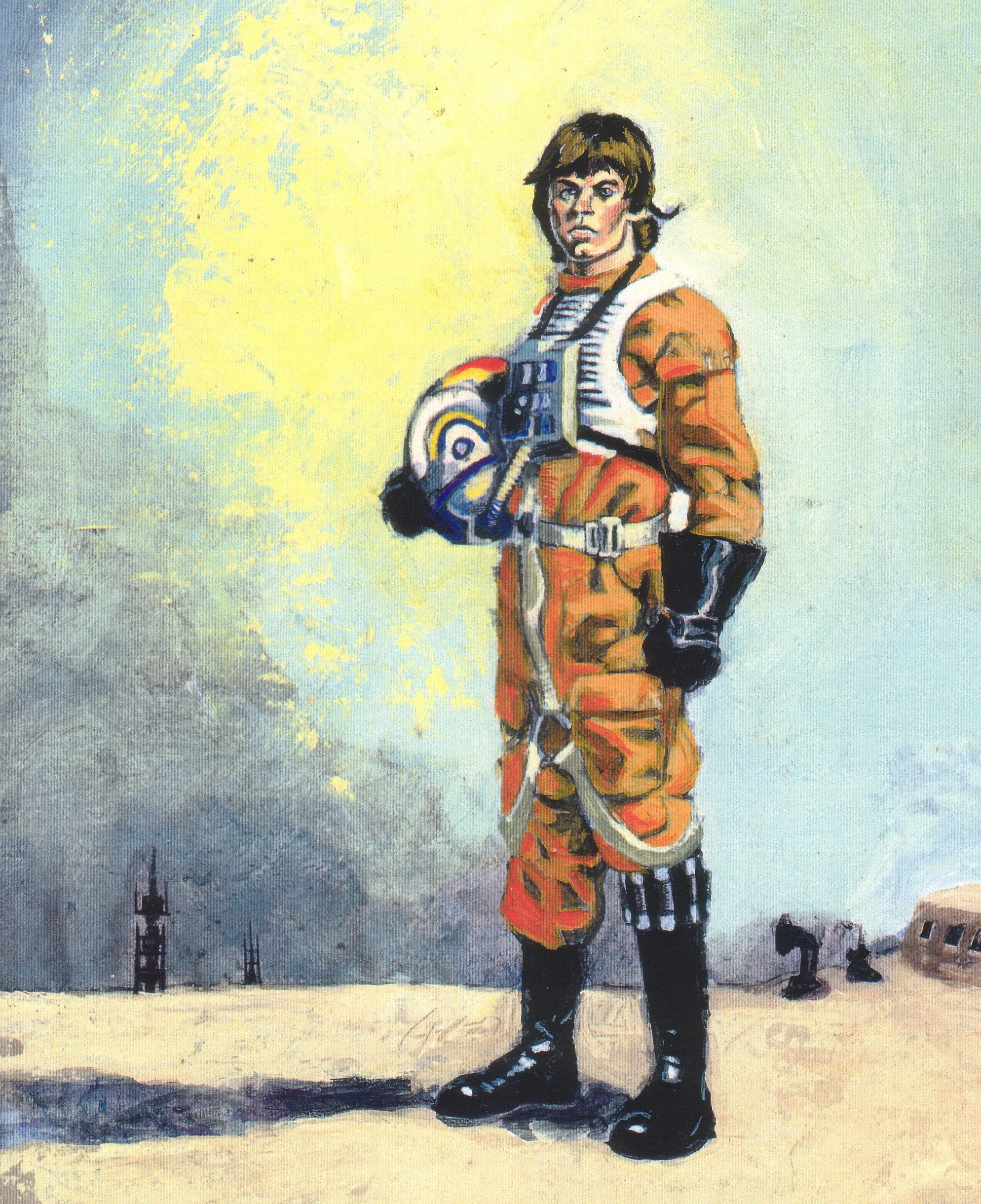 Painted portrait of a young man dressed as a soldier, standing outdoors on a brushed, textured background with muted colors, holding a helmet and equipped with gear.