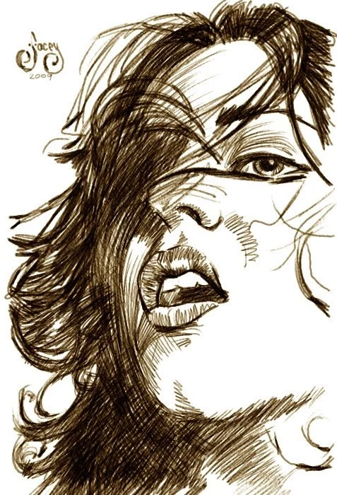 A  digital sketch of a woman with long hair, one eye partially closed, and her mouth open, showing teeth, with a bold and expressive style.
