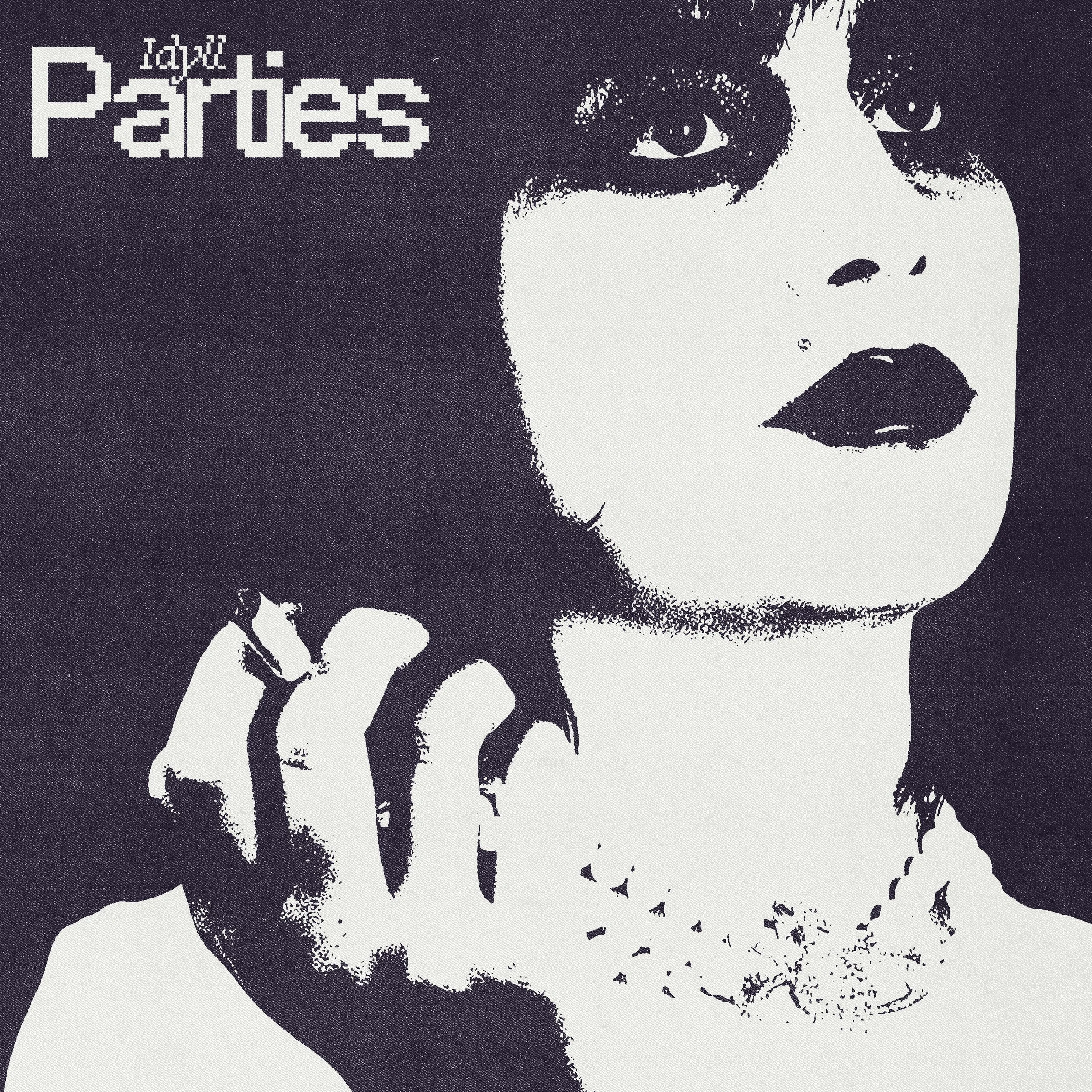 High-contrast black-and-white pixelated image of a person's face with makeup, with the text 'tavi pavies' in stylized font near the top left.