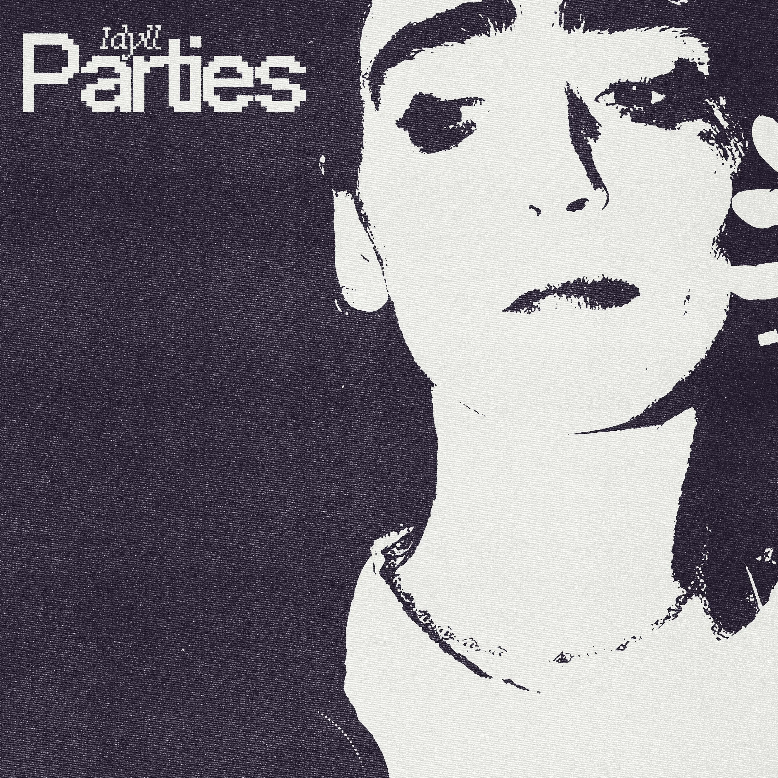 A black and white stylized portrait of a woman with short hair and glasses. The background features stylized text that reads 'Jaxx Parvez' in pixelated font.
