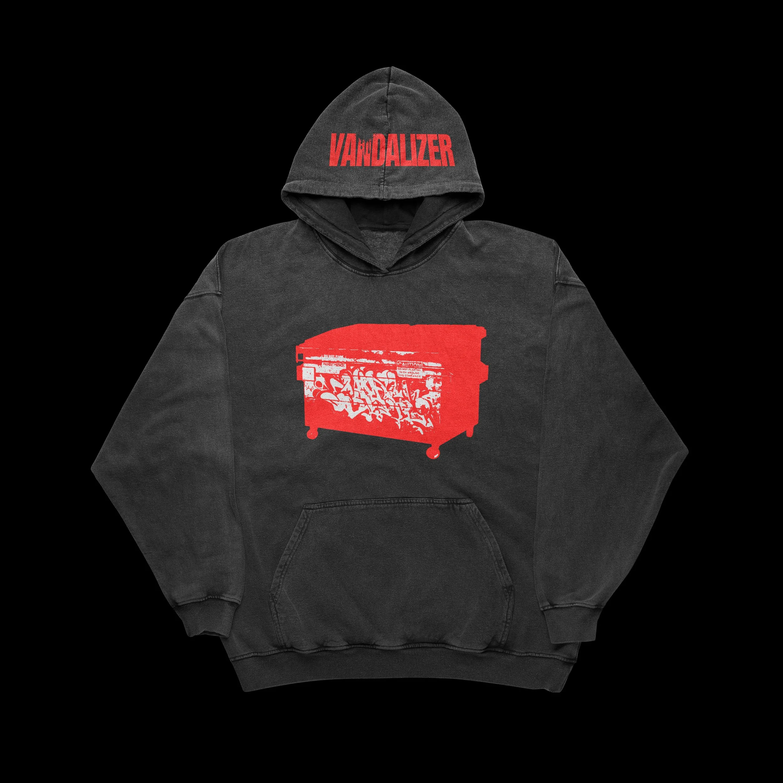 Black hoodie with red 'Vandalizer' text on the hood and a red graphic design on the front, against a black background.