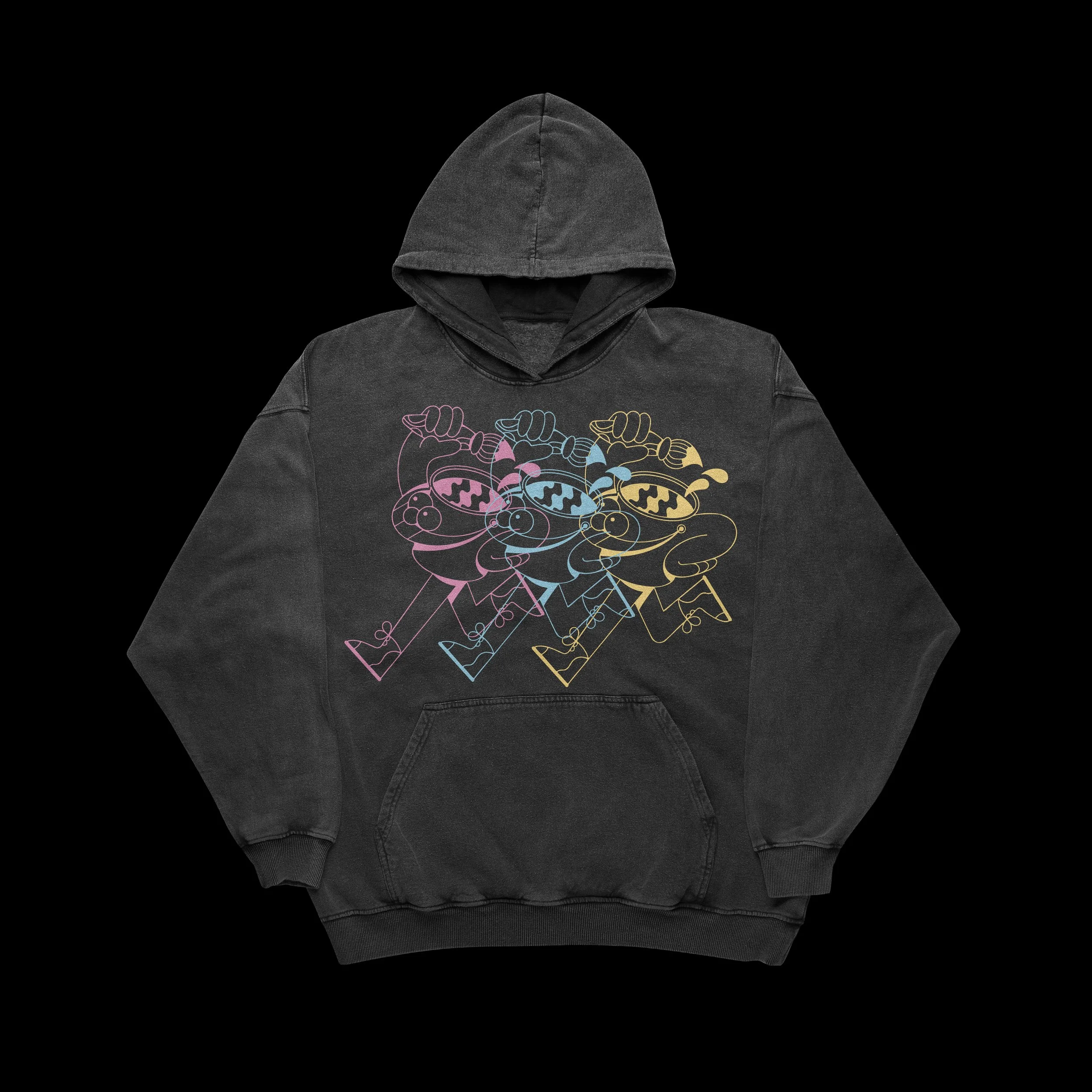 Black hoodie with colorful graphic of interconnected hands forming a chain.