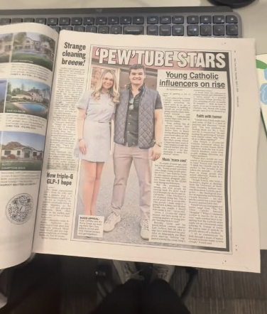 A newspaper page featuring a headline about PewTube stars and young Catholic influencers on the rise. Includes a photo of a young man and woman standing together, smiling.