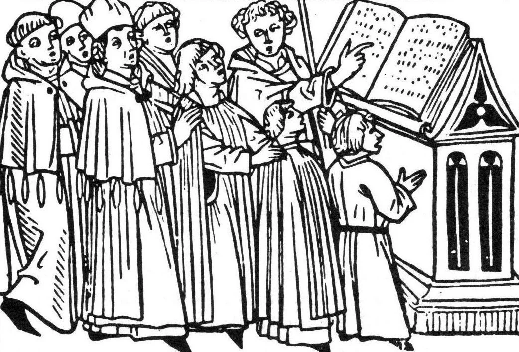 Line drawing of a group of people singing or praying around an open book on a stand, with one person leading or conducting.
