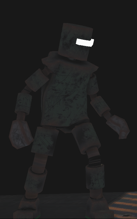 A weathered, humanoid robot with a boxy head and rectangular slit for eyes, standing in a dark environment.