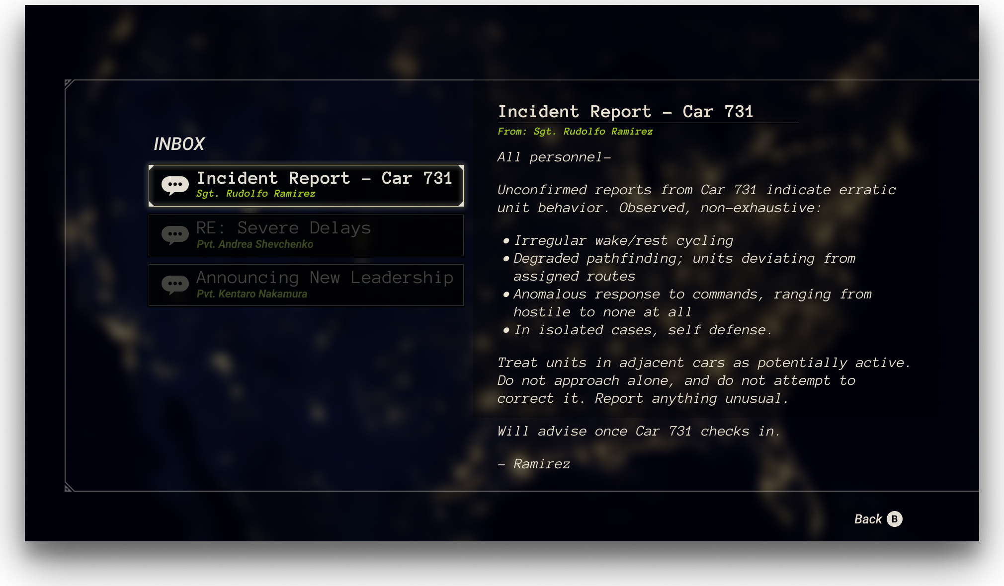 A digital screen displaying an inbox message titled 'Incident Report - Car 731' from Sgt. Rudolfo Ramirez, with additional messages from Pvt. Andrea Shevchenko and Pvt. Kentaro Nakamura. The right side contains a detailed incident report with bullet points about erratic behavior of Car 731, including irregular wake/rest cycling, degraded pathfinding, and abnormal responses. Advice on handling the situation is also included.