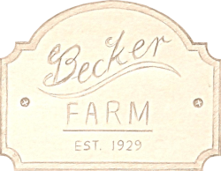 Sign reading "Becker Farm EST. 1929" with decorative border