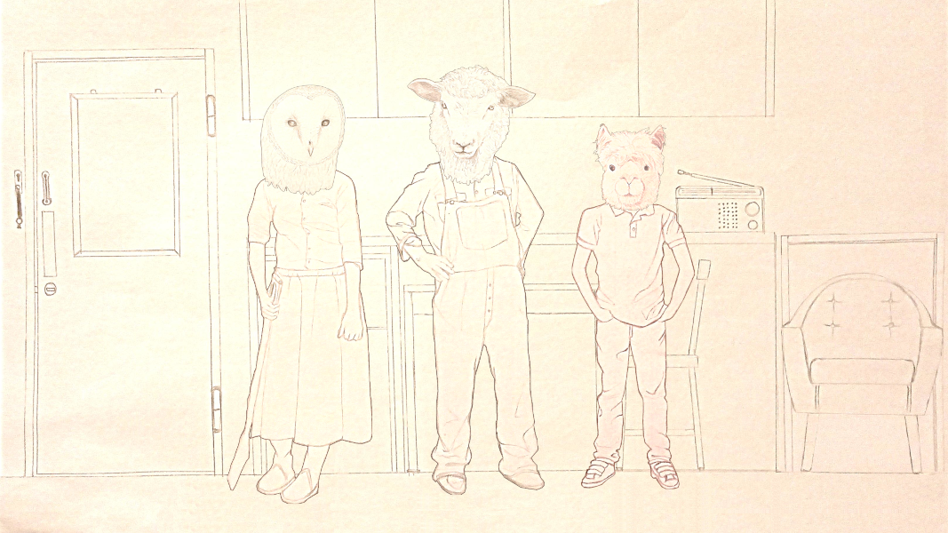 Drawing of three people with animal heads standing in a room with furniture and a door.