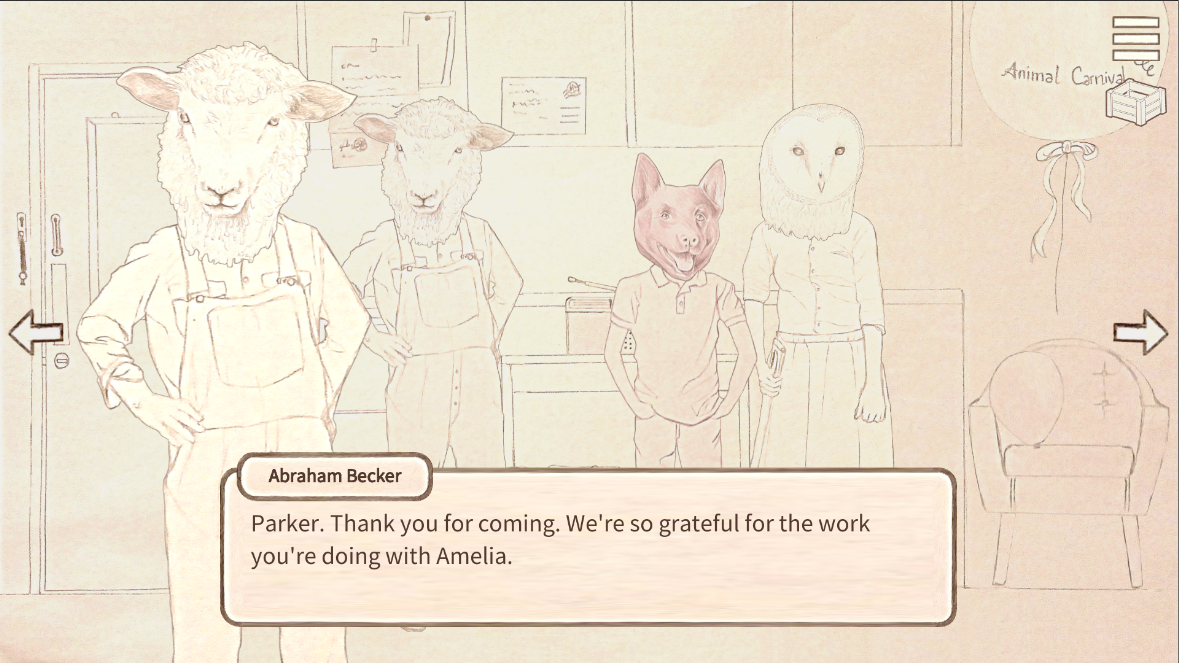 Drawing of four animals with human bodies, including a sheep, a goat, a pig, and an owl, standing in a room with a sign that reads "Animal Carnival." A dialogue box with Abraham Becker's name appears, expressing gratitude to Parker for working with Amelia.