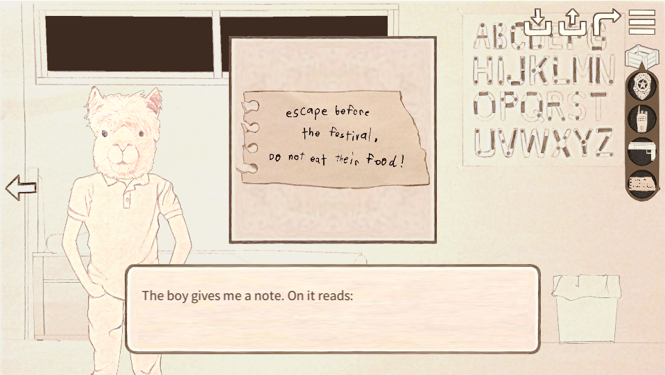 A digital storybook scene with a lion character standing in front of a classroom whiteboard. The whiteboard has a torn paper note that says, 'escape before the festival, do not eat their food!' There is a note at the bottom that reads, 'The boy gives me a note. On it reads:' Hints for a word puzzle game, with several alphabet letter tiles and icons for different tools or actions on the right side.